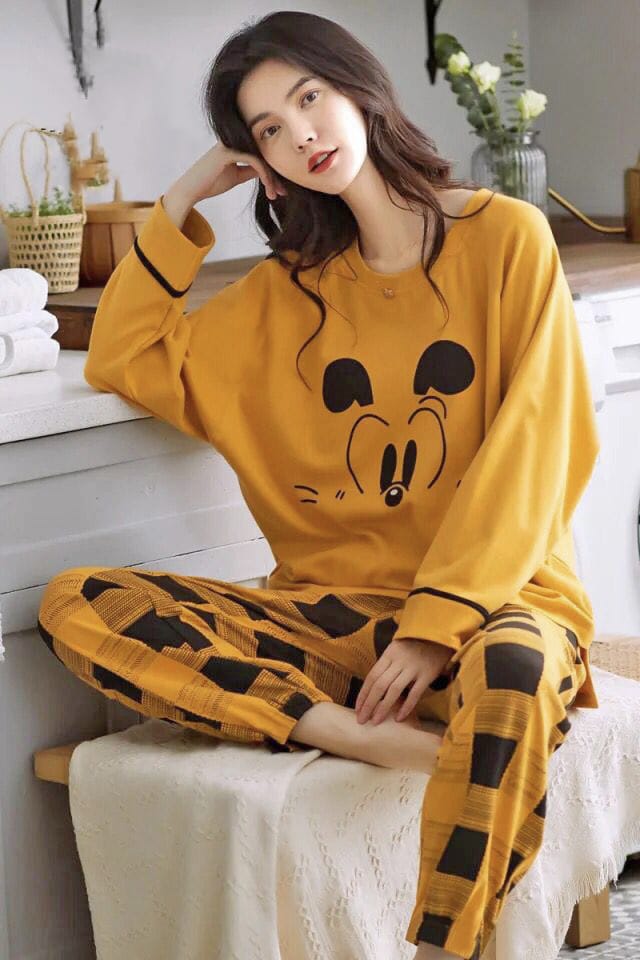 Yellow Meow Printed Shirt With Black doted Trouser (Full Sleeves Night Suit)