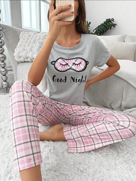 Grey Good Night Printed Half Sleeves Shirt And Printed Trouser Night Wear
