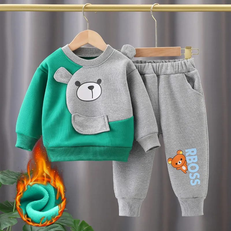 Green Grey Bear Printed Sweatshirt and Grey Trouser Kids Track Suit