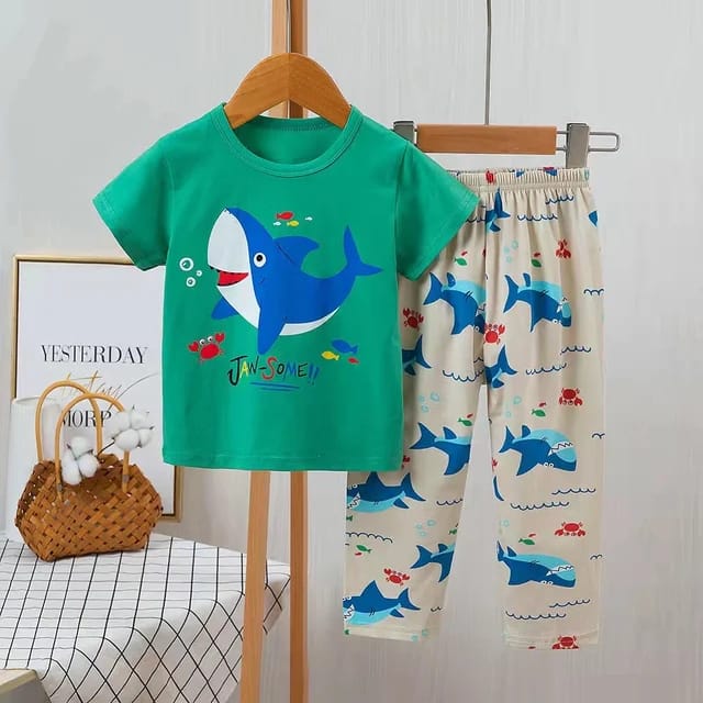 Green Shark Fish Printed Kids Suit