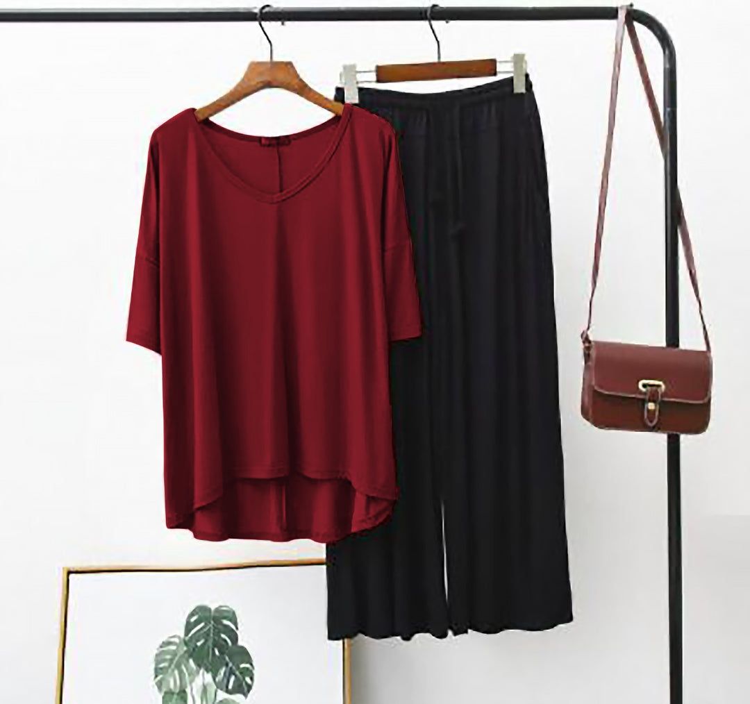 Mehroon V Neck Shirt and Black Trouser Night Wear