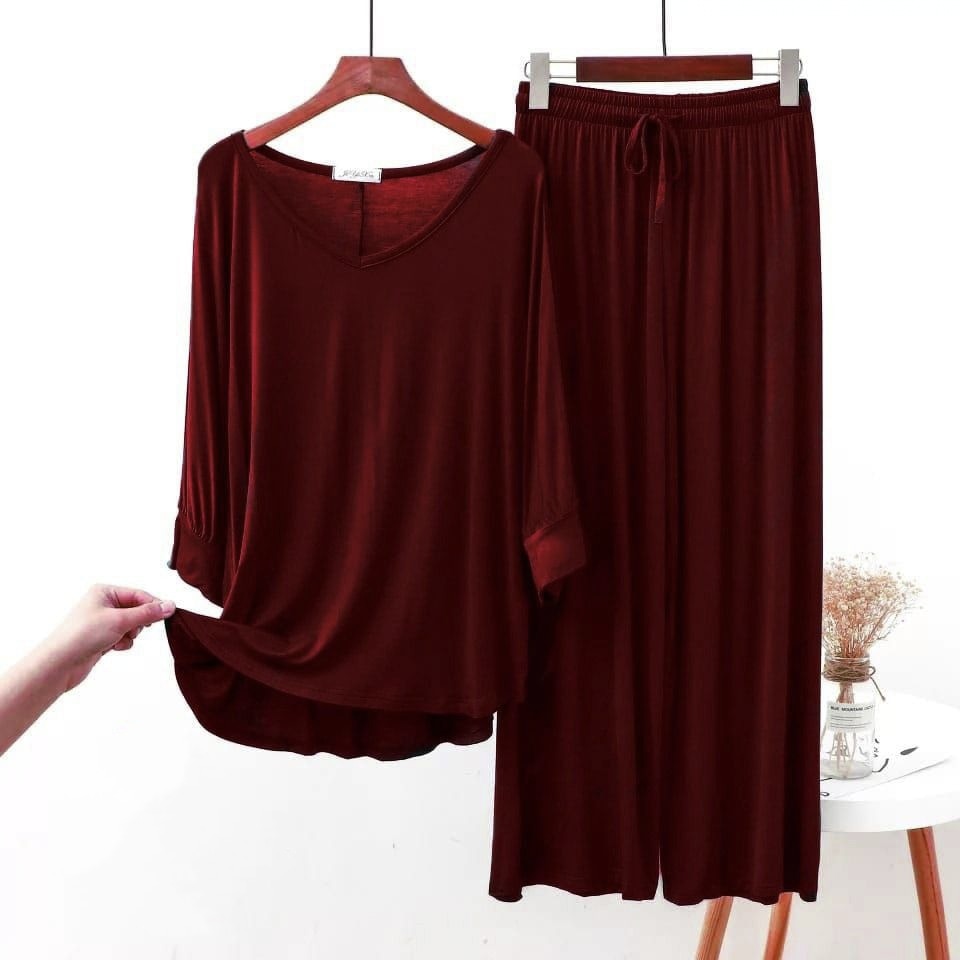 Mehroon V Neck Shirt and Mehroon Trouser Night Wear