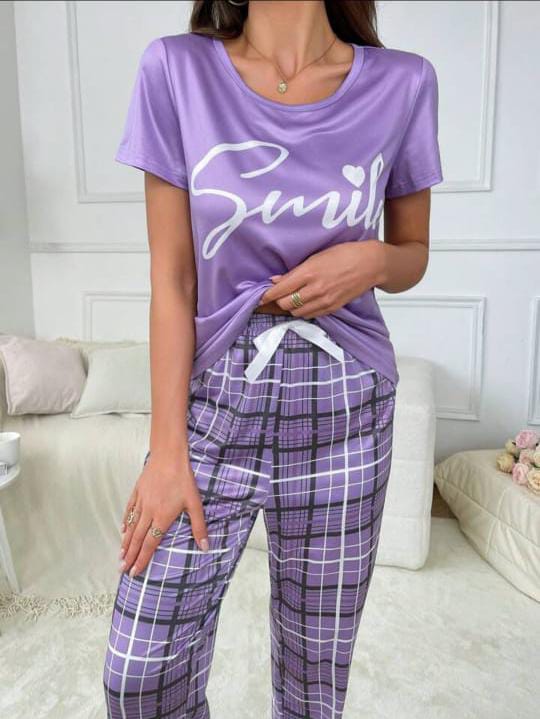 Purple Smile Printed Half Sleeves Shirt and Printed Trouser Night Wear
