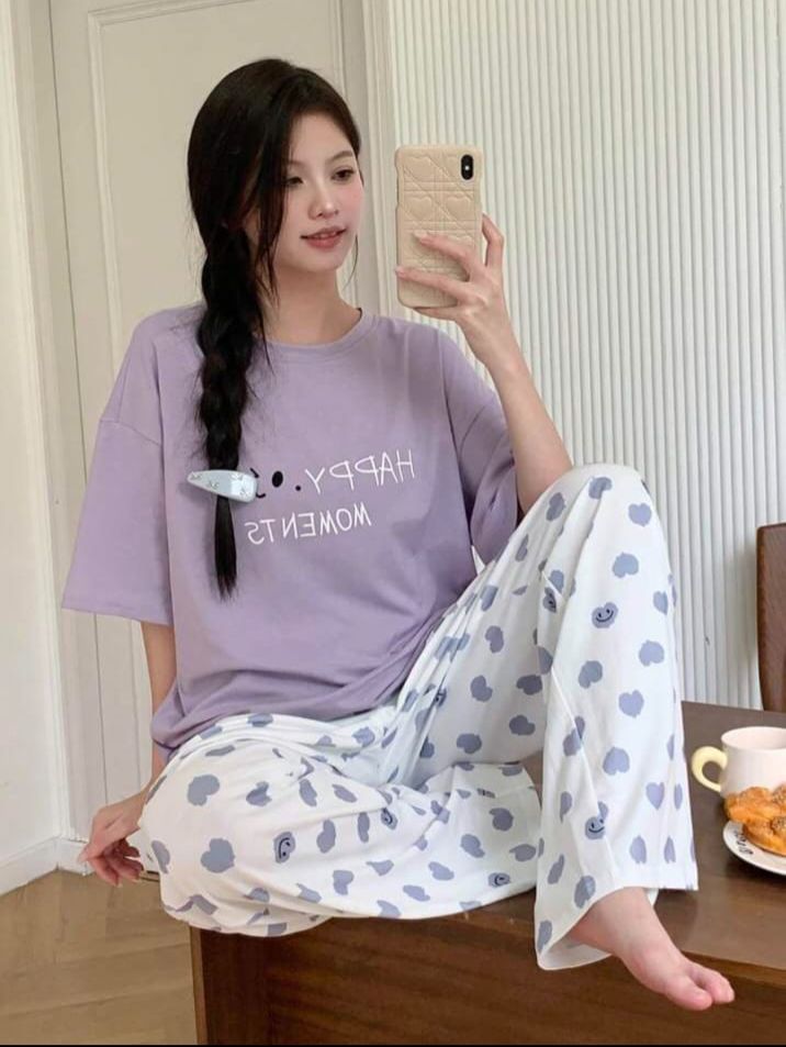 Purple Happy Moments Printed Half Sleeves Shirt and Printed Trouser Night Wear