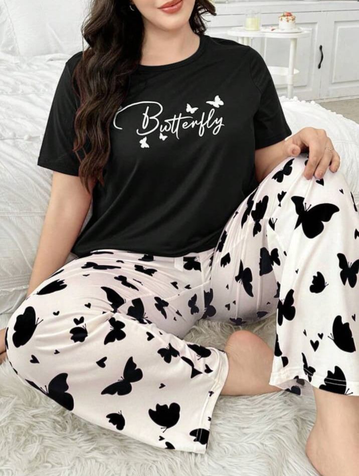Black Butterfly Printed Half Sleeves Shirt and Printed Trouser Night Wear