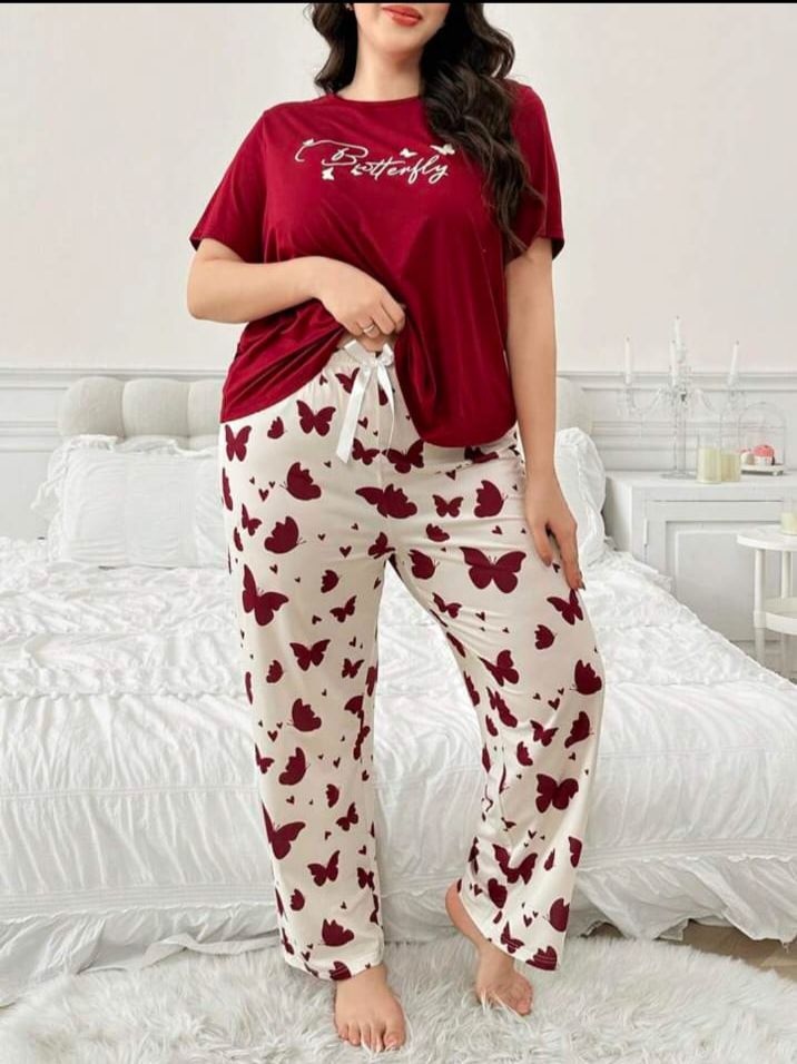 Mehroon Butterfly Printed Half Sleeves Shirt and Printed Trouser Night Wear