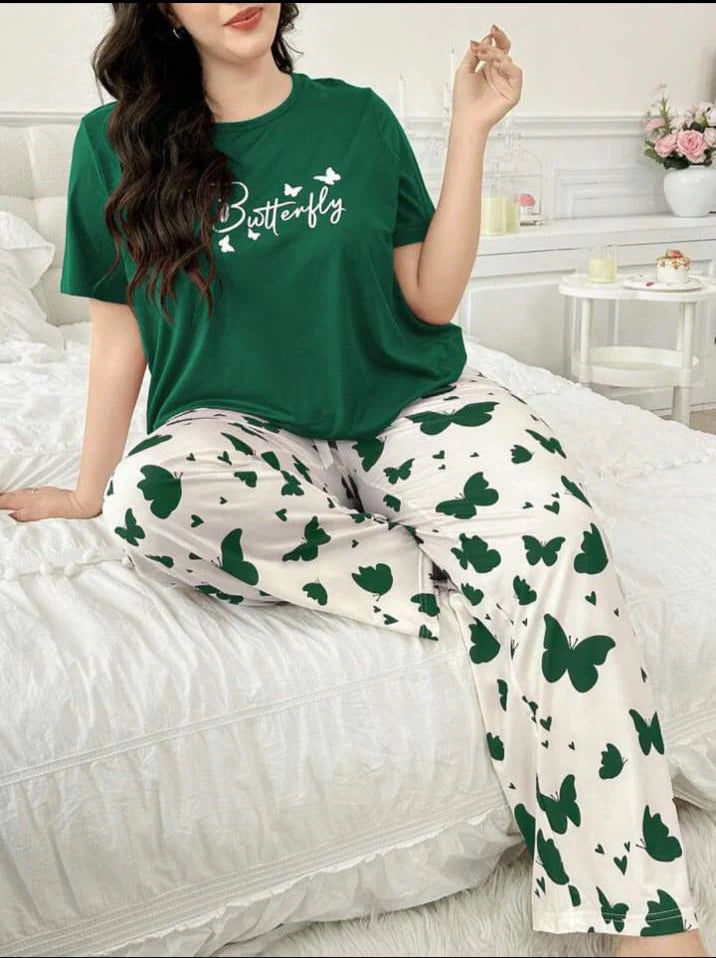 Green Butterfly Printed Half Sleeves Shirt and Butterfly Printed Trouser Night Wear