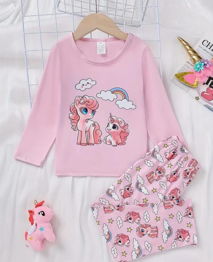 Pink Unicorn Rainbow Printed Kids Night Suit