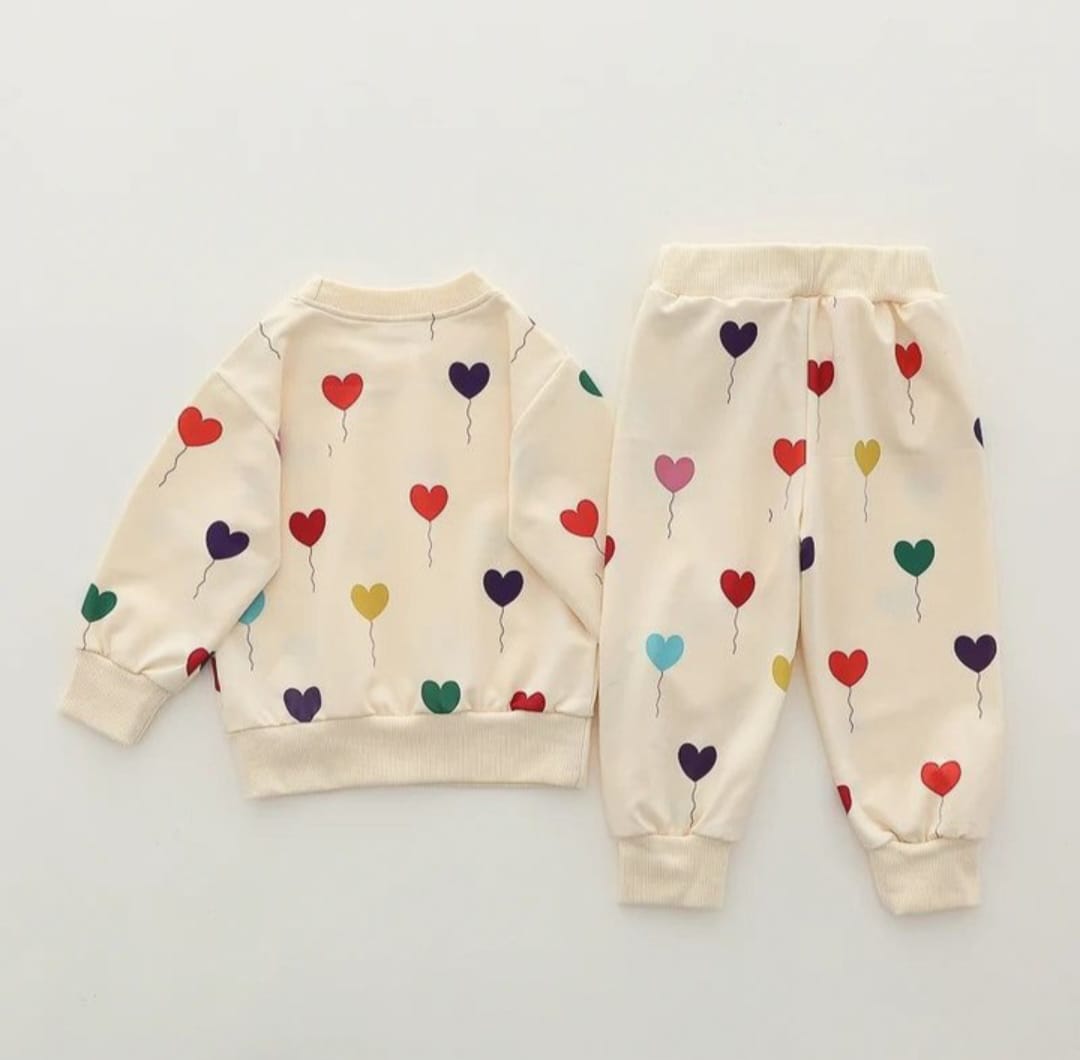 Off White Multi Hearts Printed Sweatshirt and Off White Multi Hearts Trouser Kids Track Suit