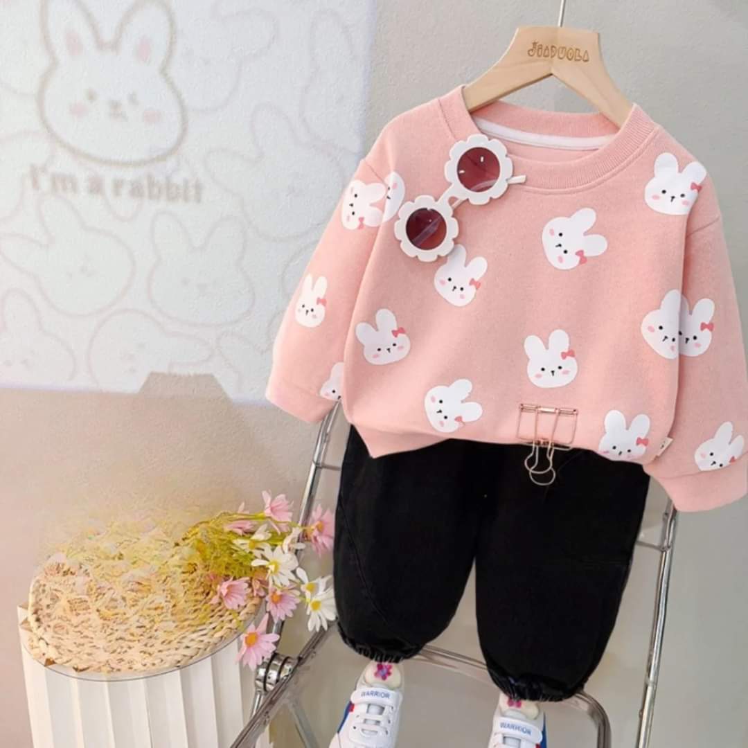 Pink White Kitty Printed Sweatshirt and Black Trouser Kids Track Suit With Free socks & Winter Cap