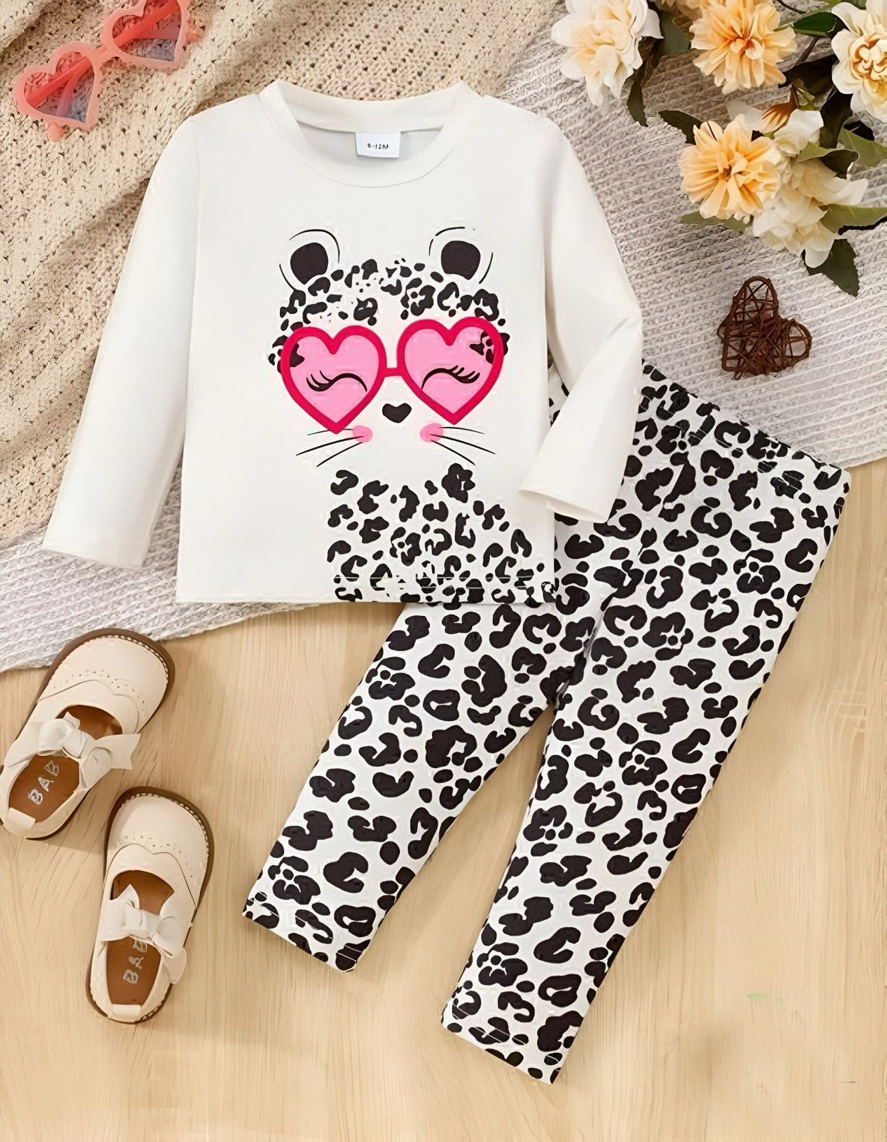 White Cute cartoon Printed with Cheetah Printed Trouser Kids Night Suit