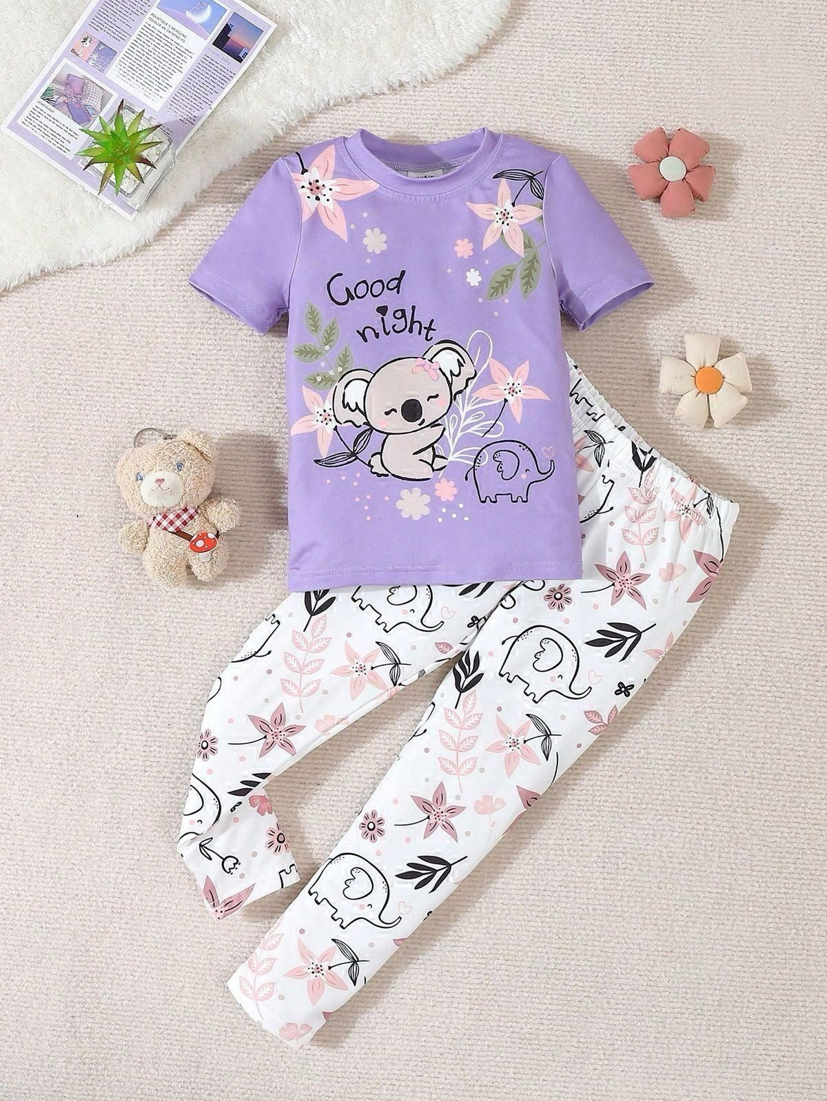 Lilac Good Night Floral Bear Printed Half Sleeves T-shirt with Floral Printed Pajama Kids Suits
