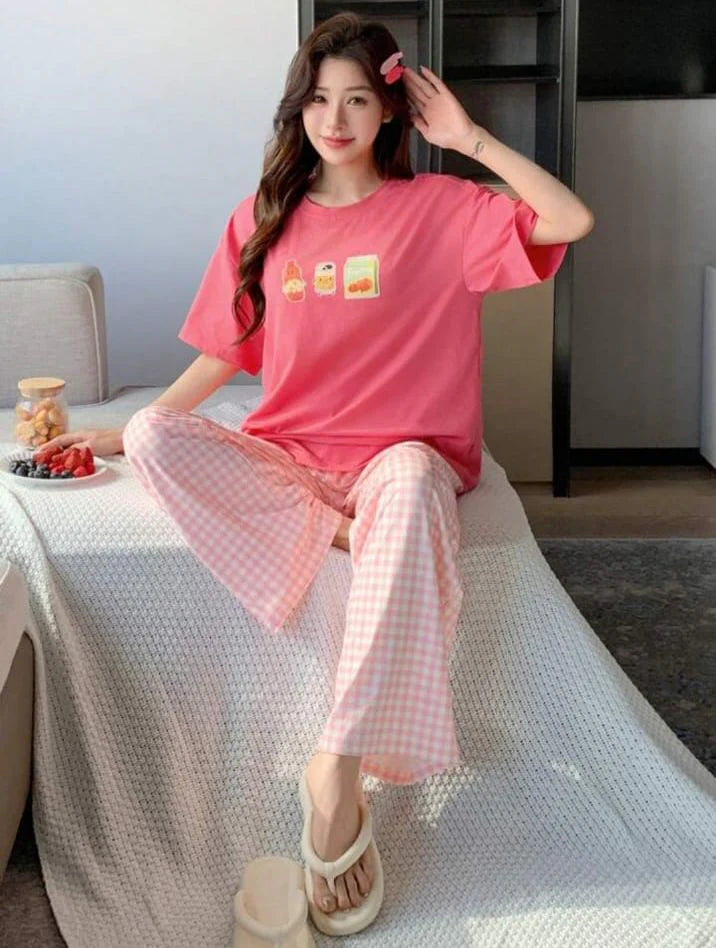 Hot Pink Juices Printed Half Sleeves Shirt and Printed Trouser Night Wear