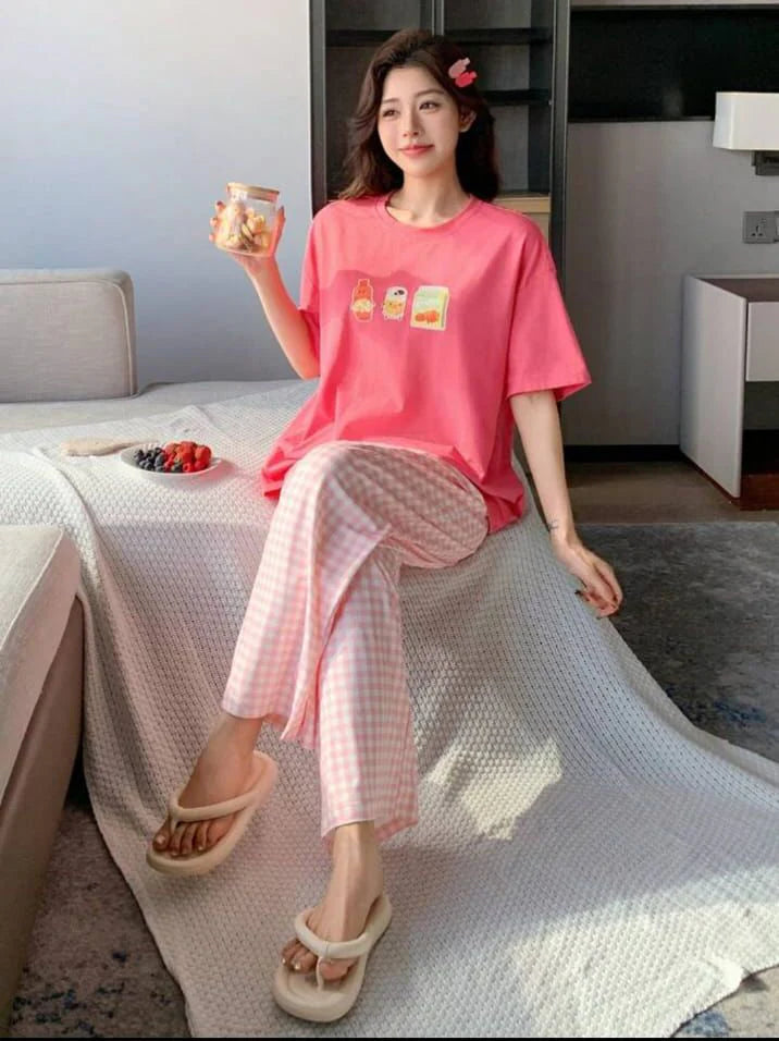 Hot Pink Juices Printed Half Sleeves Shirt and Printed Trouser Night Wear