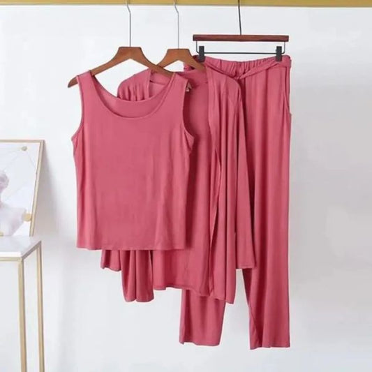 Plain Hot Pink 3 Pieces Set Night Wear