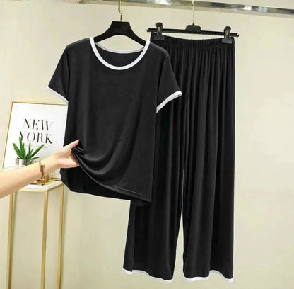 Black With White Strips Half Sleeves and Black Trouser Night Wear