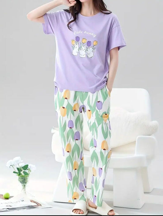 Purple Cute Bunny Printed Half Sleeves Shirt and Printed Trouser Night Wear