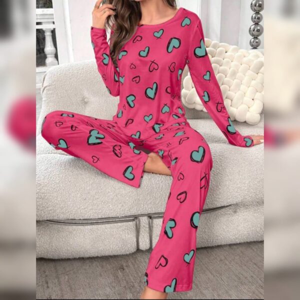 Hot Pink Green Heart Printed Shirt Full Sleeves And Green Heart Printed Trouser Night Wear