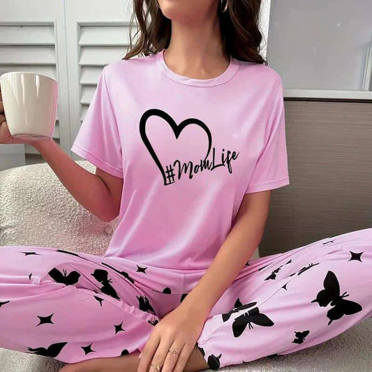 Pink Heart Mom Life Half Sleeves Shirt And Butterfly Printed Trouser Night Wear
