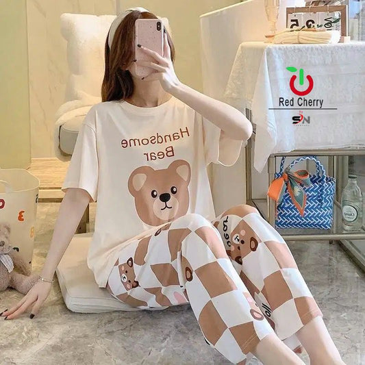 Skin Handsome Bear Printed Half Sleeves Shirt and Printed Trouser Night Wear