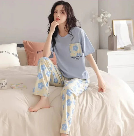 Blue Flower Pocket Printed Half Sleeves Shirt and Printed Trouser Night Wear