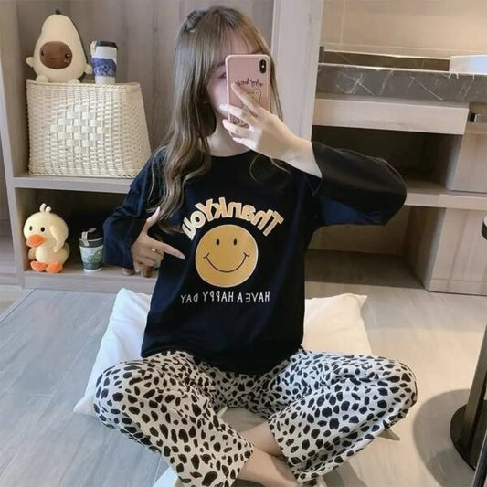 Black Yellow Smiley Printed Half Sleeves Shirt and White Printed Trouser Night Wear