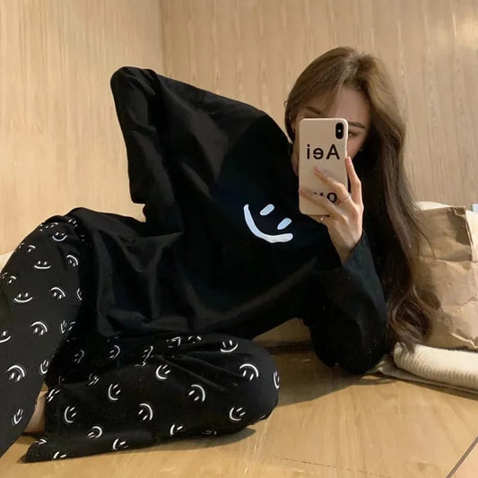 Black Smiley Full Sleeves Night Wear