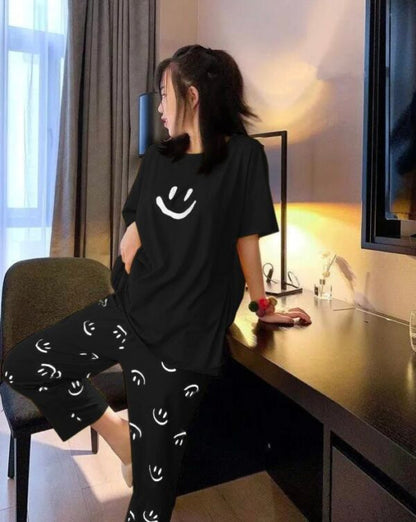 Black Smiley Full Sleeves Night Wear