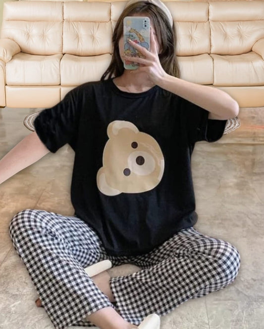 Black With Bear Printed Shirt Half Sleeved and White Printed Trouser Night Wear.