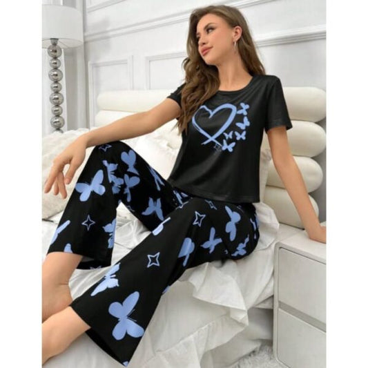 Black With Blue Heart Butterfly Printed Half Sleeves Shirt And Blue Butterfly Printed Trouser Night Wear
