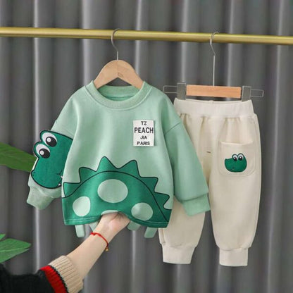 Green Crocodile Printed Sweatshirt and Off White Trouser Kids Track Suit With Free socks & Winter Cap
