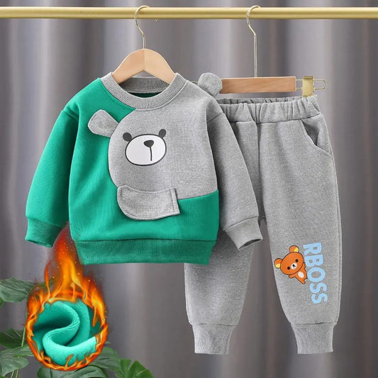 Green Grey Bear Printed Sweatshirt and Grey Trouser Kids Track Suit