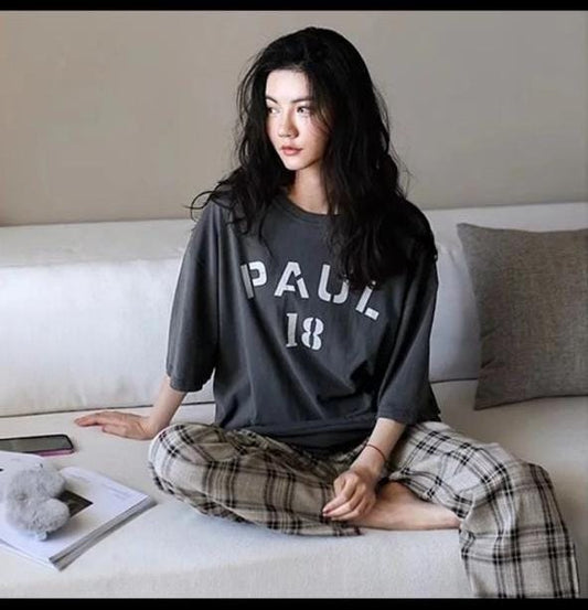 Grey Paul Half Sleeves Shirt And Chek Printed Trouser Night Wear