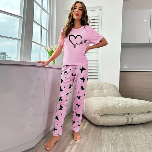 Pink Heart Mom Life Half Sleeves Shirt And Butterfly Printed Trouser Night Wear