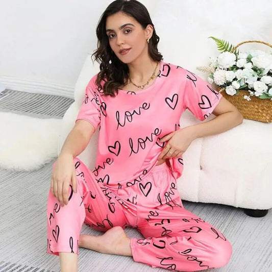 Pink Love Printed Half Sleeves T-Shirt and Love Printed Trouser Night Wear
