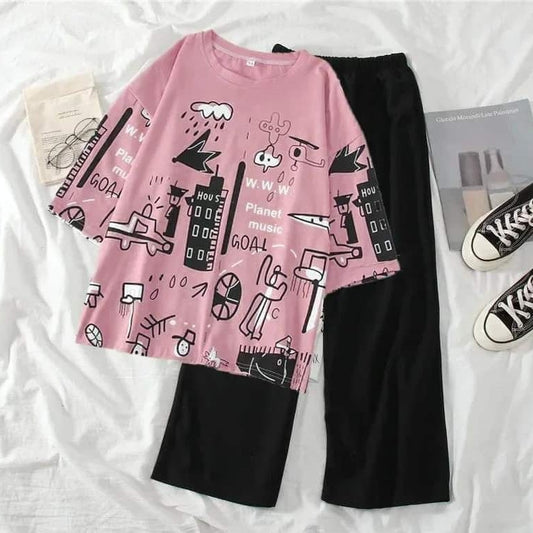 Pink Planet Music Half Sleeves Shirt and Black Plain Trouser Night Wear
