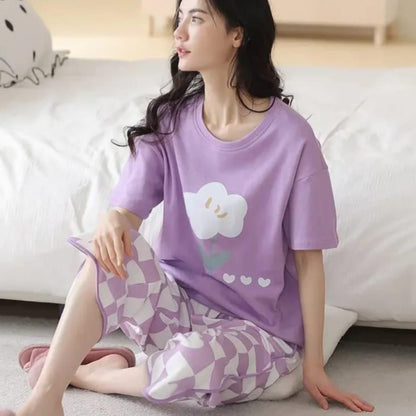 Purple Flower Printed Shirt Half Sleeves and Purple Printed Trouser Night Wear.