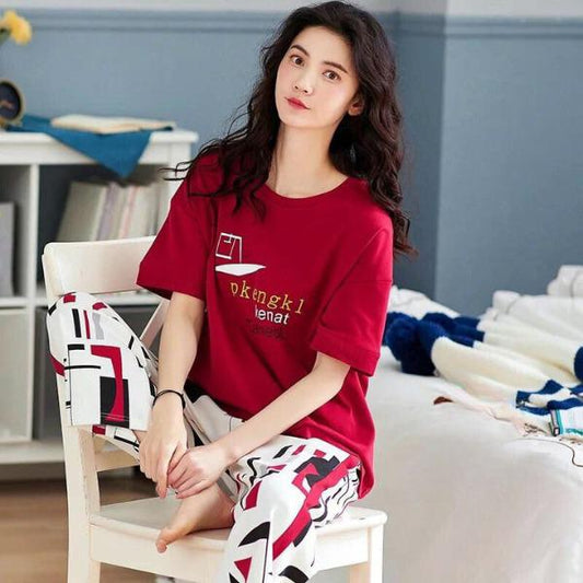 Red Printed Half Sleeves Shirt and White Printed Trouser Night Wear