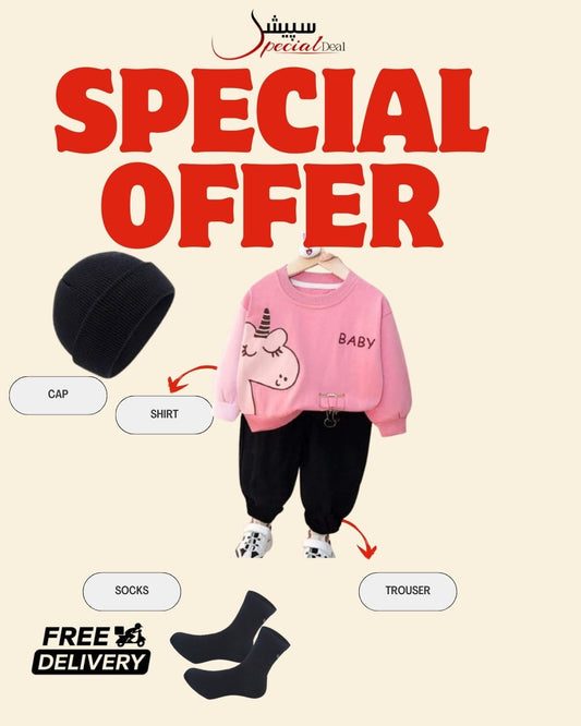 Pink Dragon Printed Sweatshirt and Black Trouser Kids Track Suit With Free socks & Winter Cap
