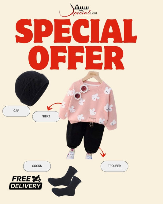 Pink White Kitty Printed Sweatshirt and Black Trouser Kids Track Suit With Free socks & Winter Cap