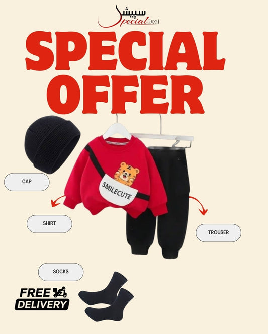 Red Smile Cute Printed Sweatshirt and Black Trouser Kids Track Suit With Free socks & Winter Cap