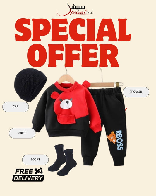 Red and Black Bear Printed Sweatshirt and Black Trouser Kids Track Suit With Free socks & Winter Cap