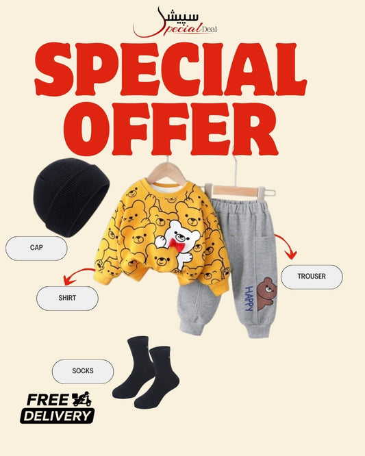 Yellow Bear Printed Sweatshirt and Grey Trouser Kids Track Suit With Free socks & Winter Cap