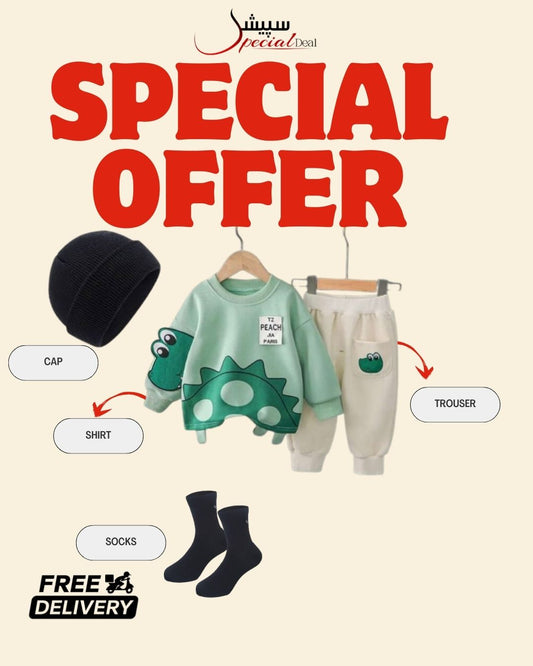 Green Crocodile Printed Sweatshirt and Off White Trouser Kids Track Suit With Free socks & Winter Cap
