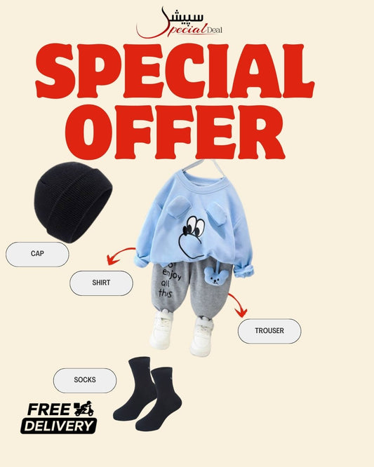 Blue Sweety Printed Sweatshirt and Grey Trouser Kids Track Suit With Free socks & Winter Cap (Copy)