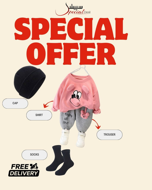 Pink Sweety Printed Sweatshirt and Grey Trouser Kids Track Suit With Free socks & Winter Cap