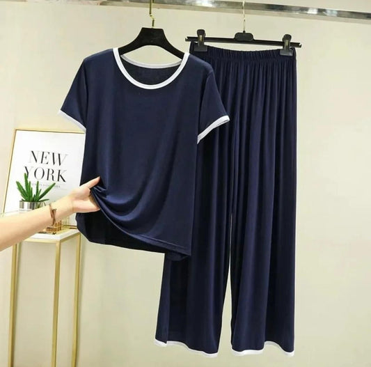 Navy Blue With White Strips Half Sleeves and Navy Blue Trouser Night Wear
