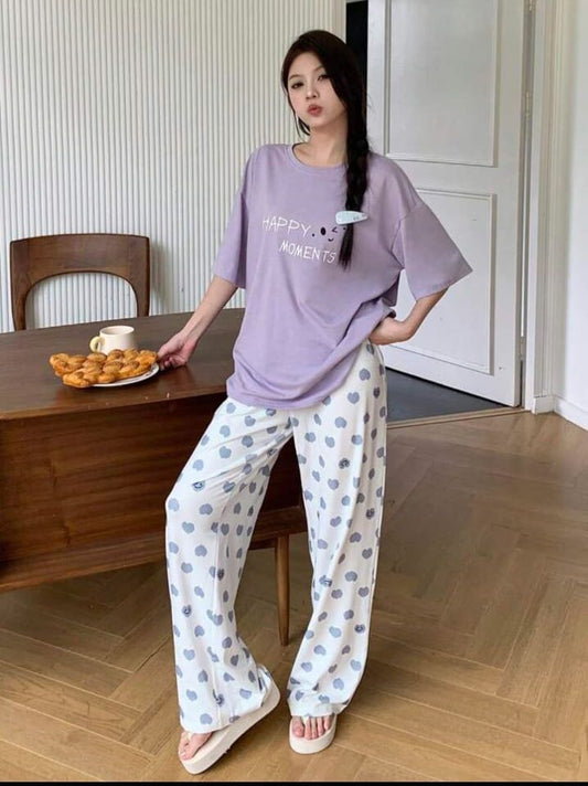 Purple Happy Moments Printed Half Sleeves Shirt and Printed Trouser Night Wear