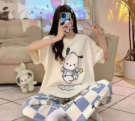 White Pochacco Printed Half Sleeves Shirt and Printed Trouser Night Wear