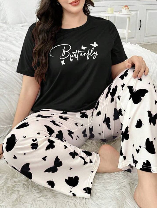 Black Butterfly Printed Half Sleeves Shirt and Printed Trouser Night Wear